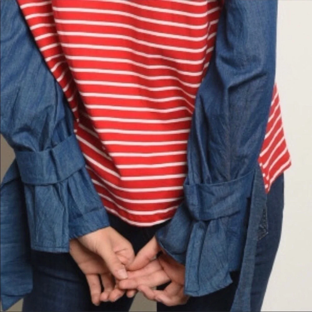 Red & white striped blouse with denim slee… - Picture 4 of 6